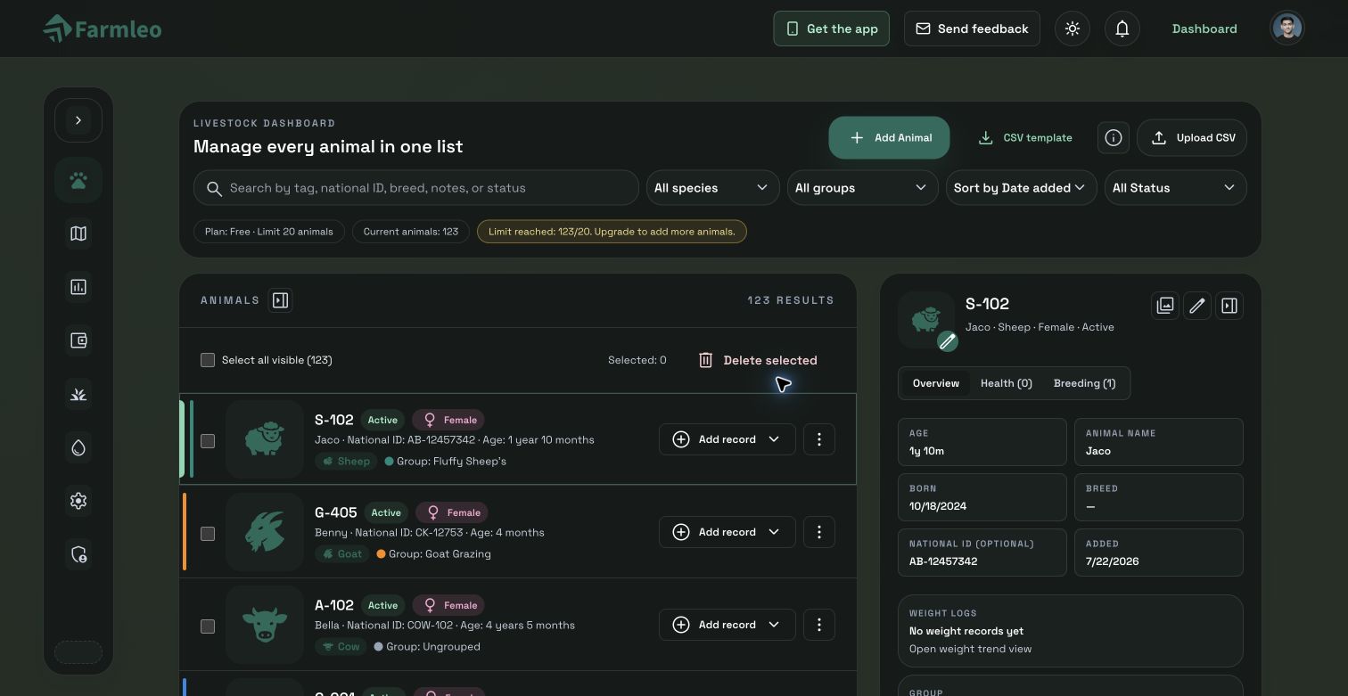 Farmleo livestock dashboard with a searchable multi-species animal list and selected animal profile